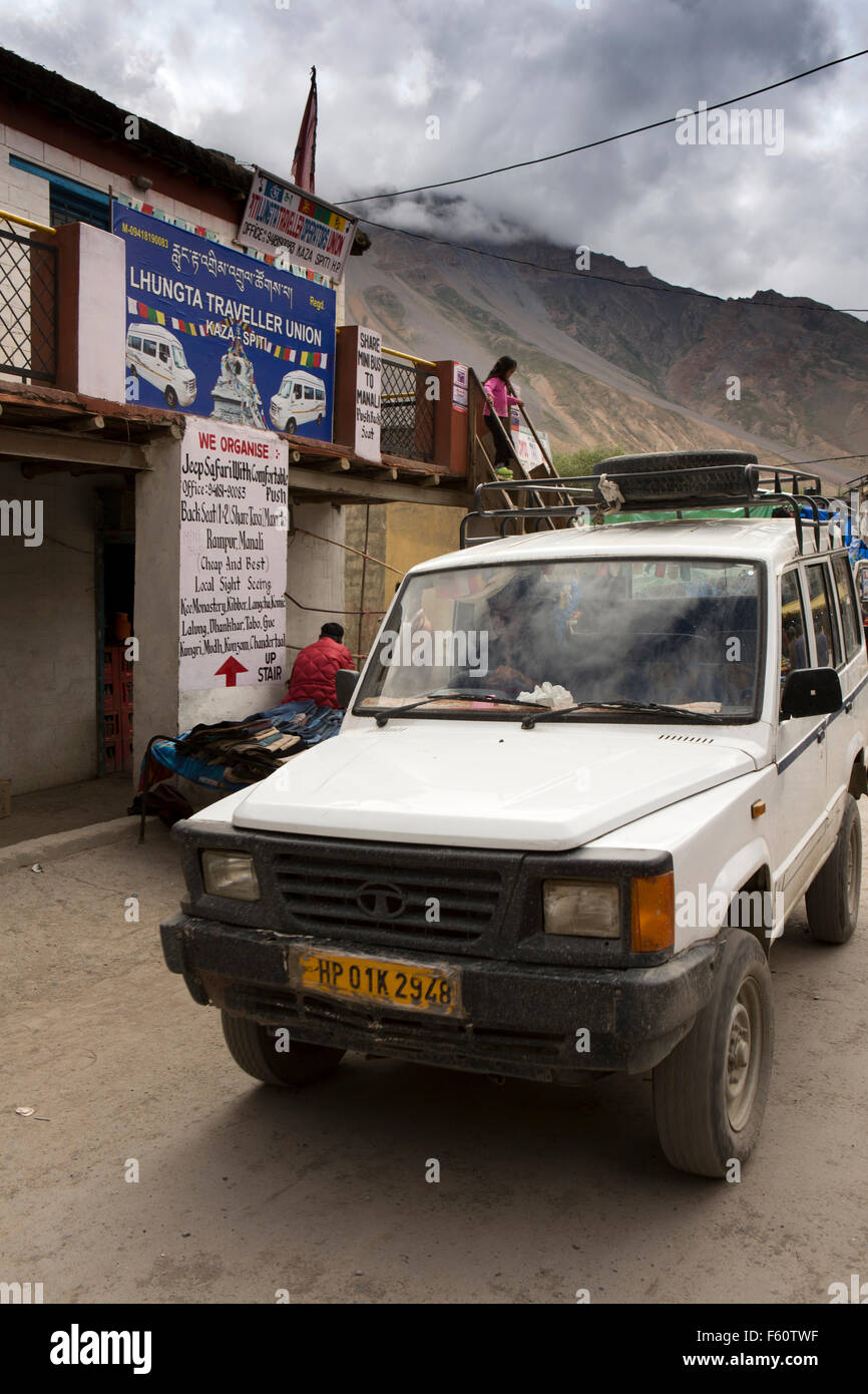 India, Himachal Pradesh, Spiti, Kaza, new town, Tata 4wd vehicle at Lhungta Traveller Union, taxi transport office Stock Photo