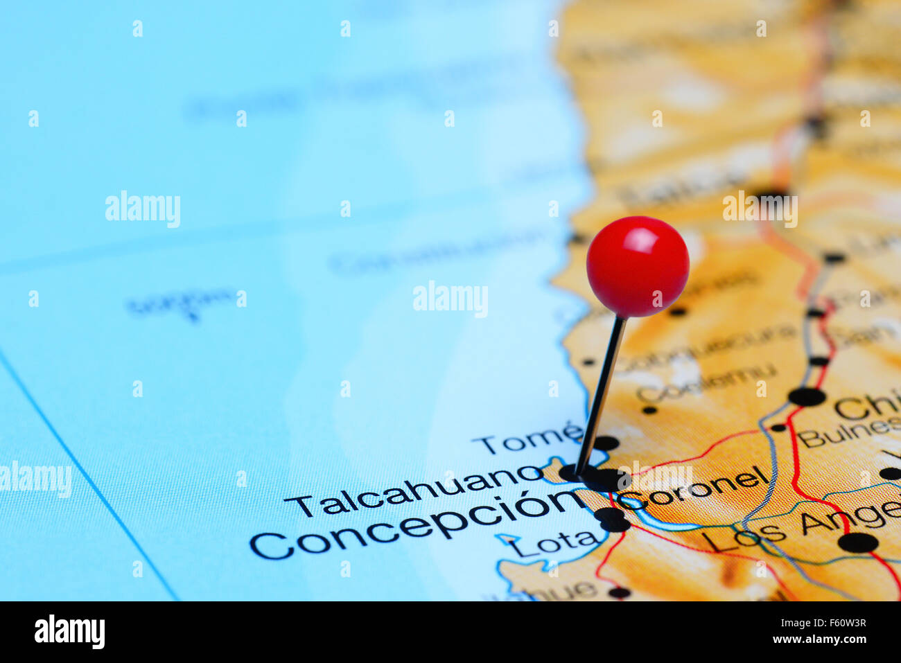 Talcahuano pinned on a map of Chile Stock Photo