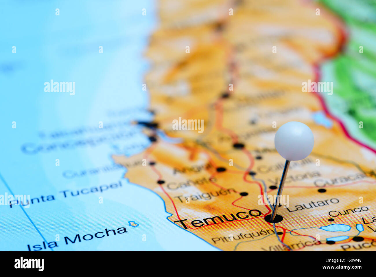 Temuco pinned on a map of Chile Stock Photo