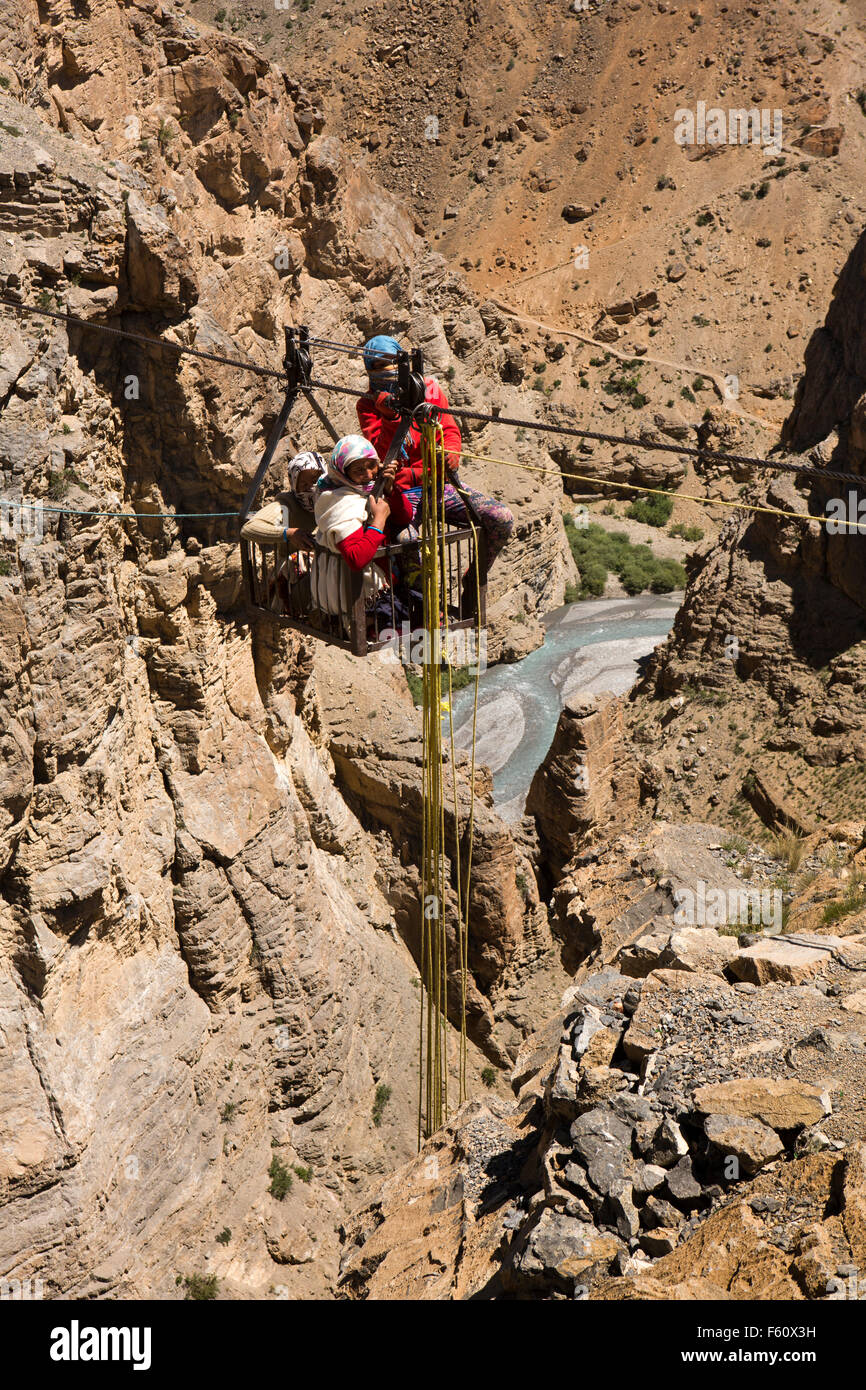 India, Himachal Pradesh, Spiti, transport, three women in suspension ropeway basket over deep gorge between Chichim and  Kibber Stock Photo