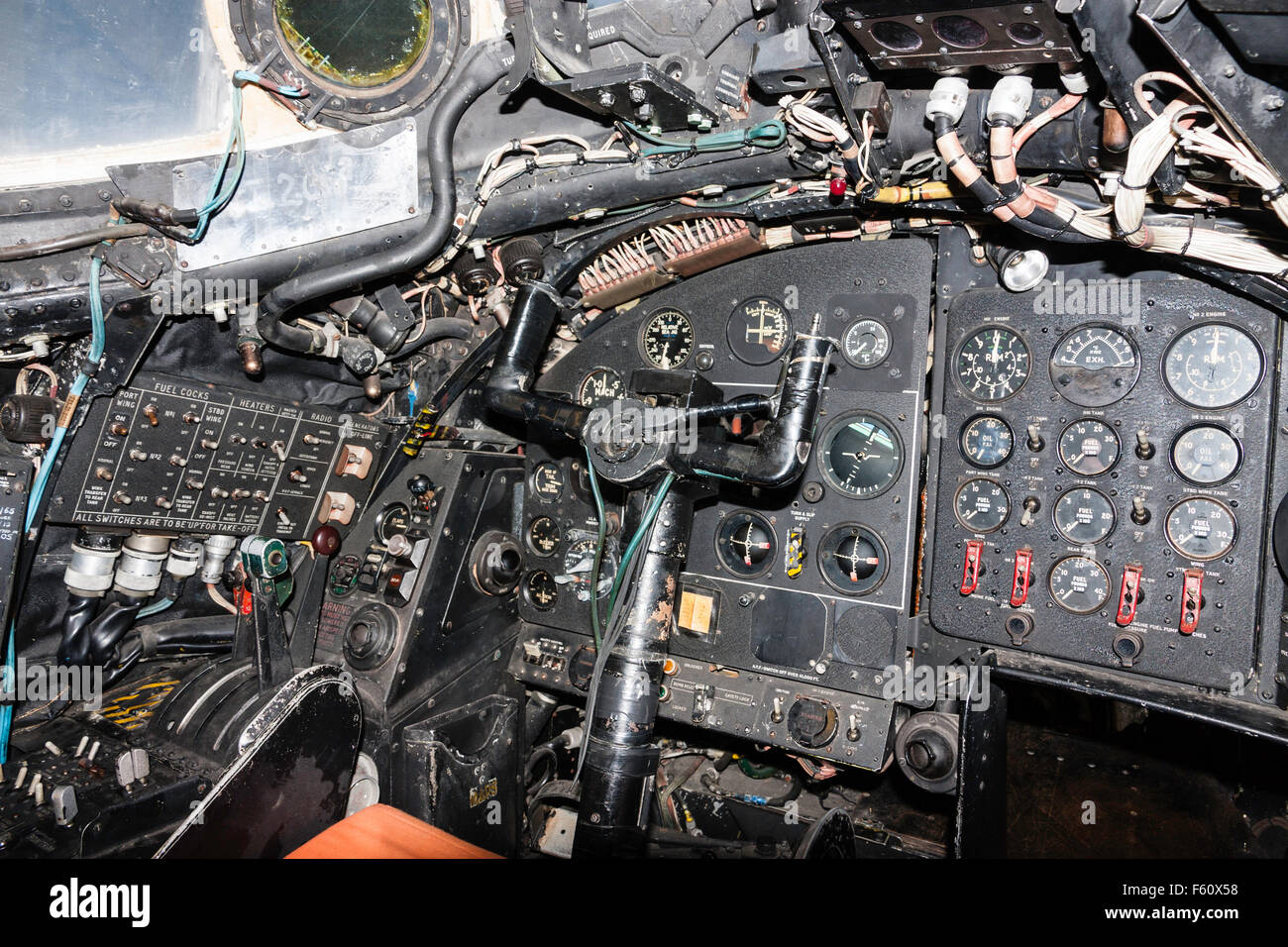 Interior of RAF Canberra bomber showing pilot's seat with front and side control panels. Stock Photo
