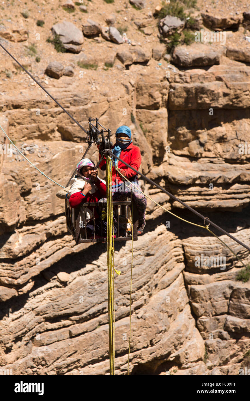 India, Himachal Pradesh, Spiti, transport, women and baby on suspension ropeway over deep gorge between Chichim and Kibber Stock Photo