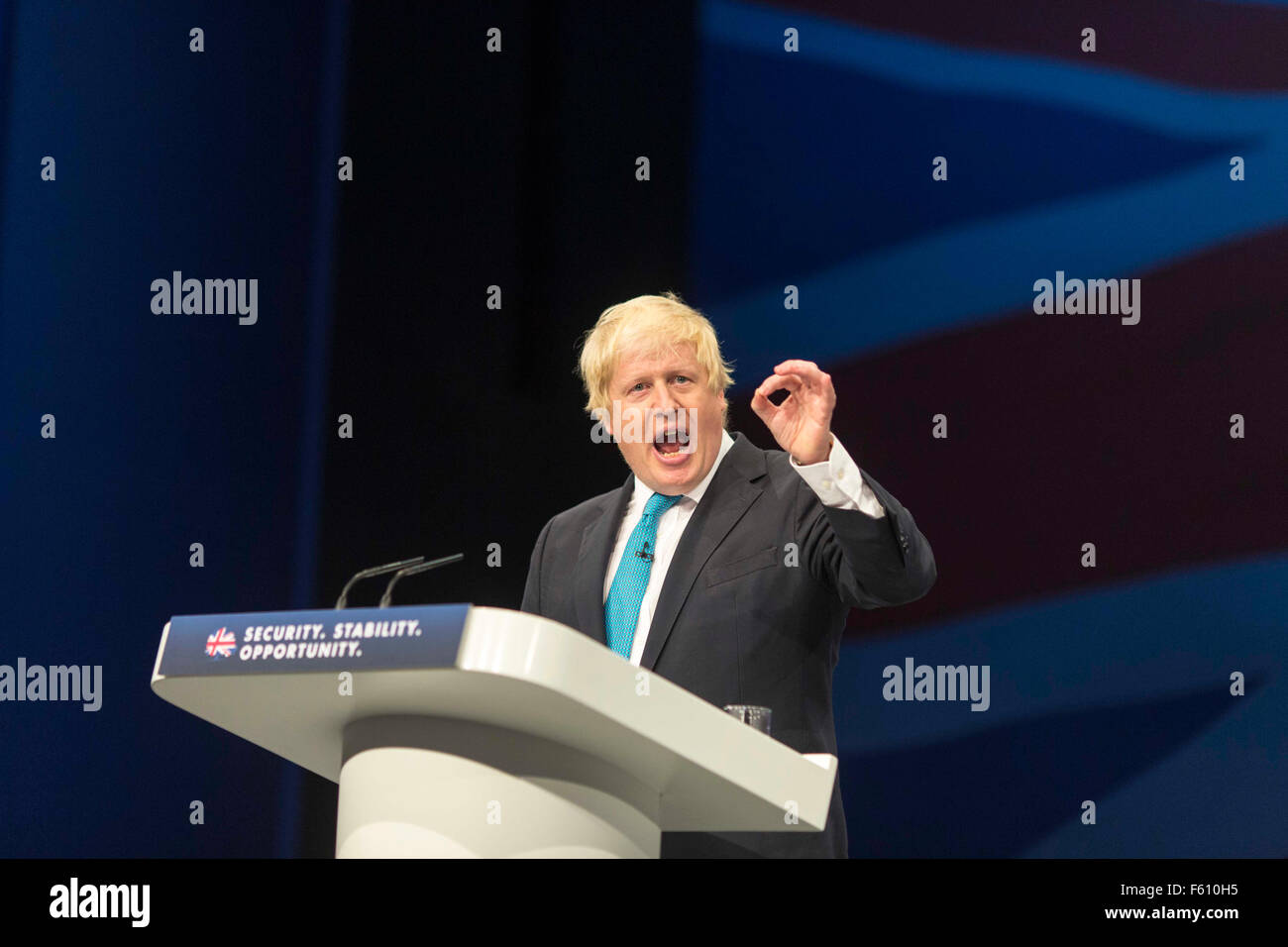 Mayor of London Boris Johnson on stage giving his speech during Conservative Party Conference , Manchester , October 2015 Stock Photo