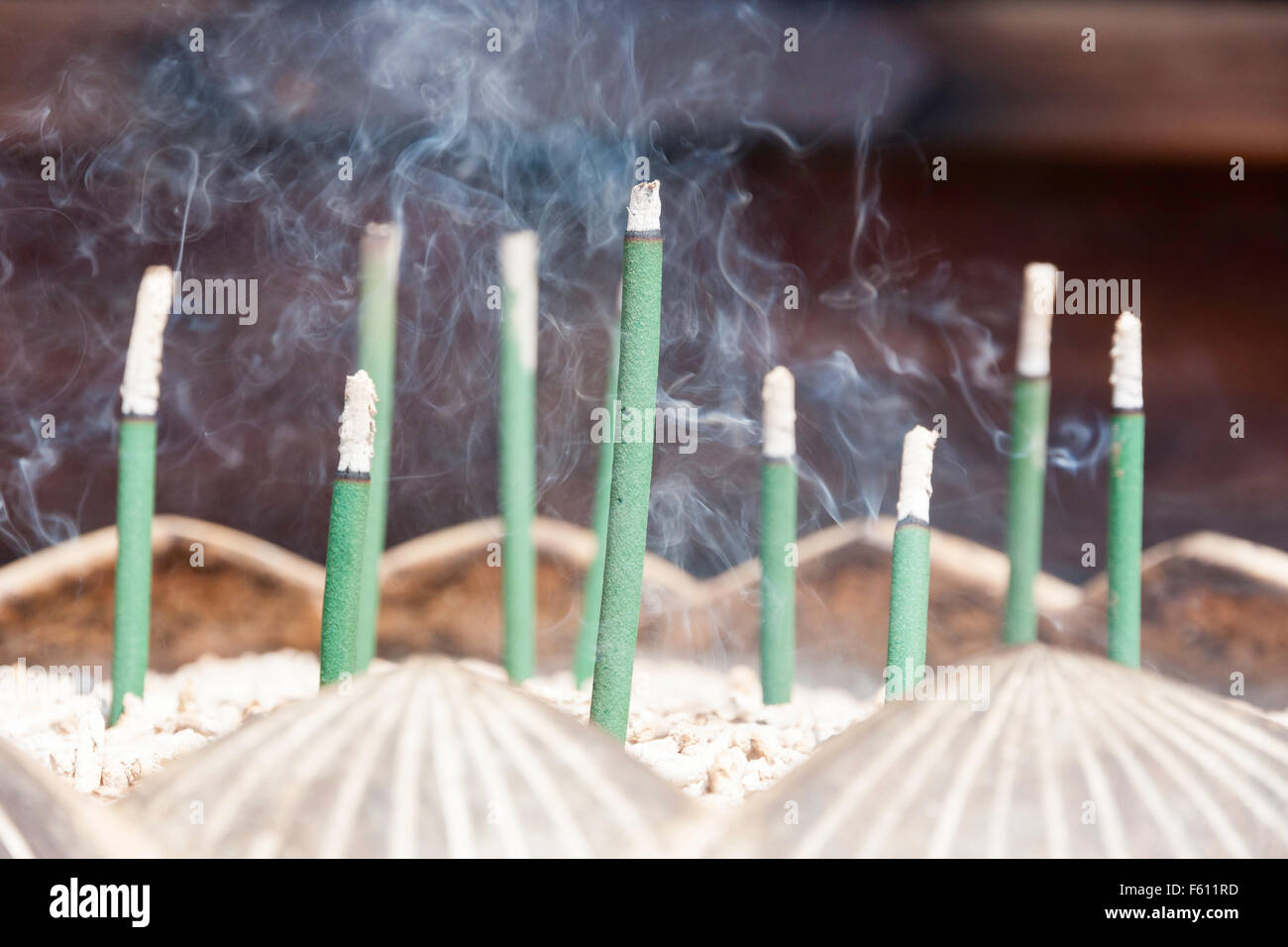 Japan, Kyoto, Seiryoji. Close up, Green Incense sticks burning