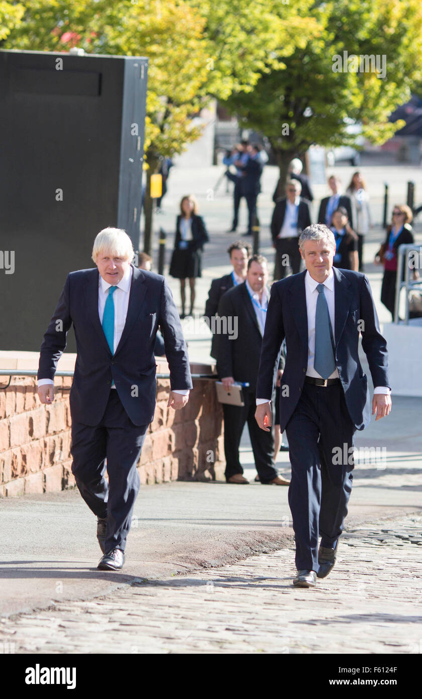 Boris Johnson (l) and Zac Goldsmith MP arrive together at Conservative conference. Manchester 2015 Stock Photo