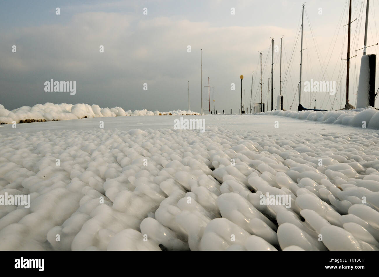 Ice-covered promenade in the port of Rolle during the February 2012 European cold wave, Canton of Vaud, Switzerland Stock Photo