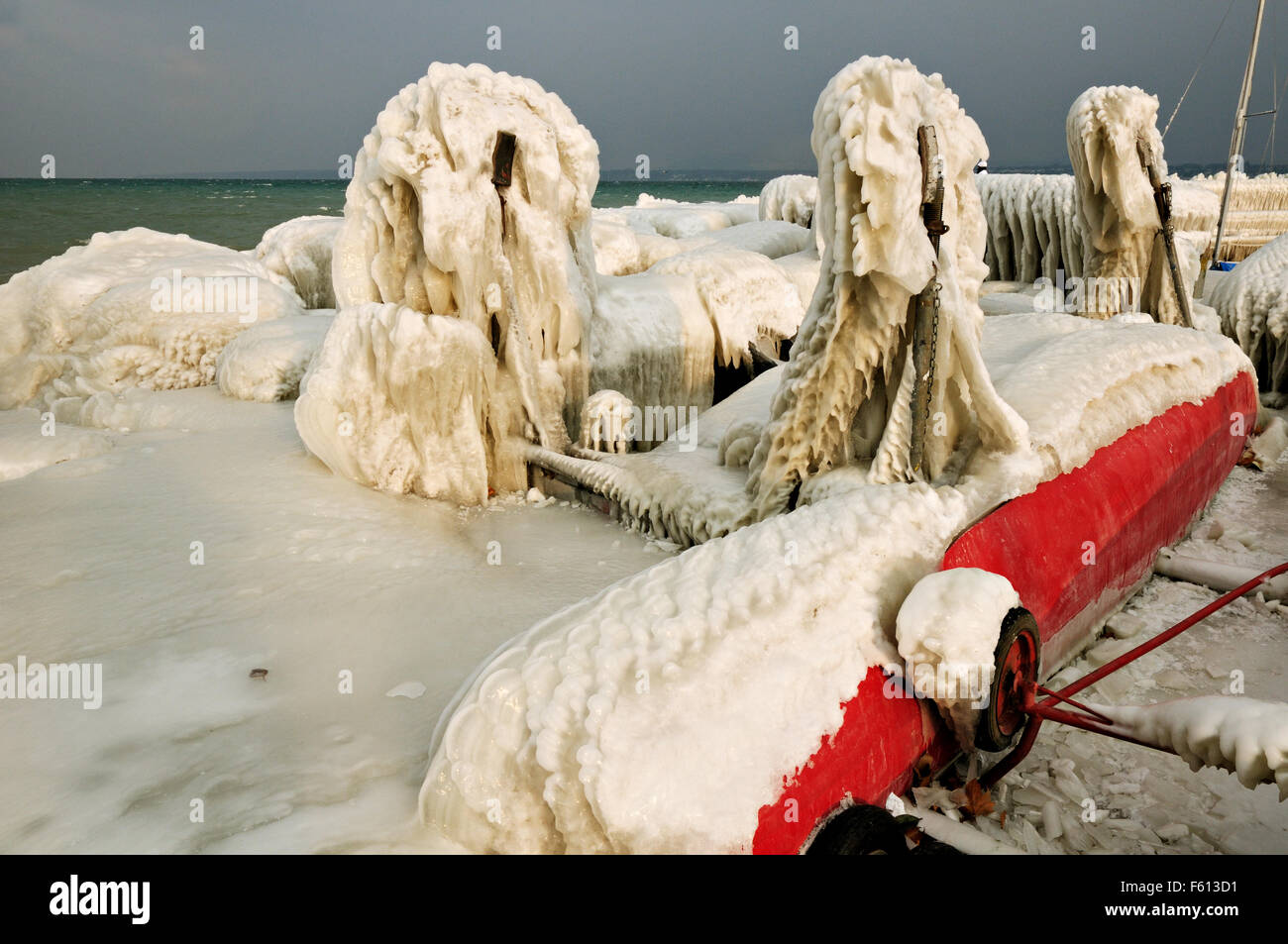 Strange ice formations during the February 2012 European cold wave in Port Choiseul at Versoix, Canton of Geneva, Switzerland Stock Photo
