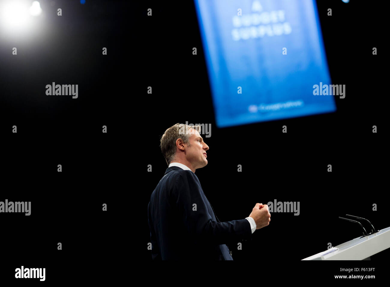 The Conservative Party conference in Manchester today (Tuesday 6th October)  Zac Goldsmith MP on stage giving his speech. Stock Photo