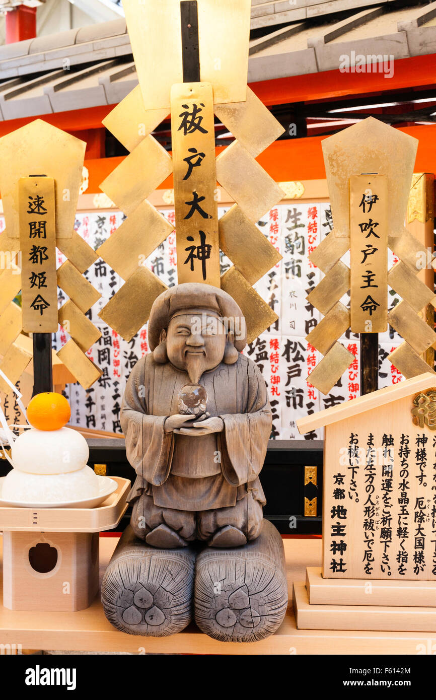 Japan, Kyoto, Kiyomizu dera temple, Jisju shrine, Haraedo Okami god of luck, wooden statue in small shrine. Gohei hanging down around statue. Stock Photo