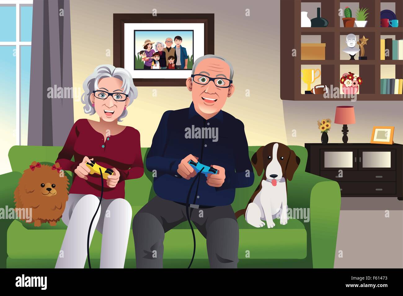 A vector illustration of elderly couple playing games at home Stock Vector