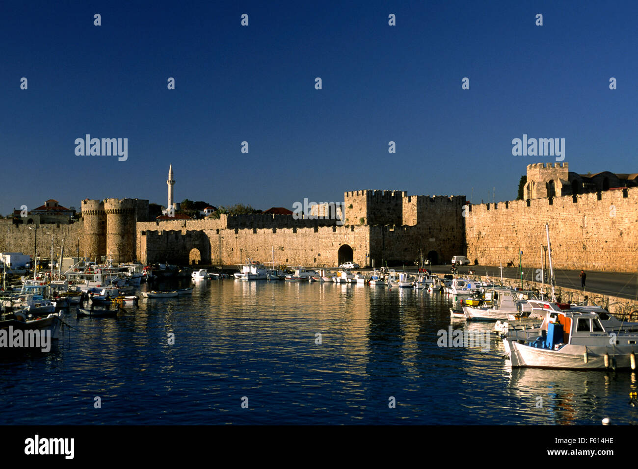 Greece, Dodecanese Islands, Rhodes, port and old town walls Stock Photo