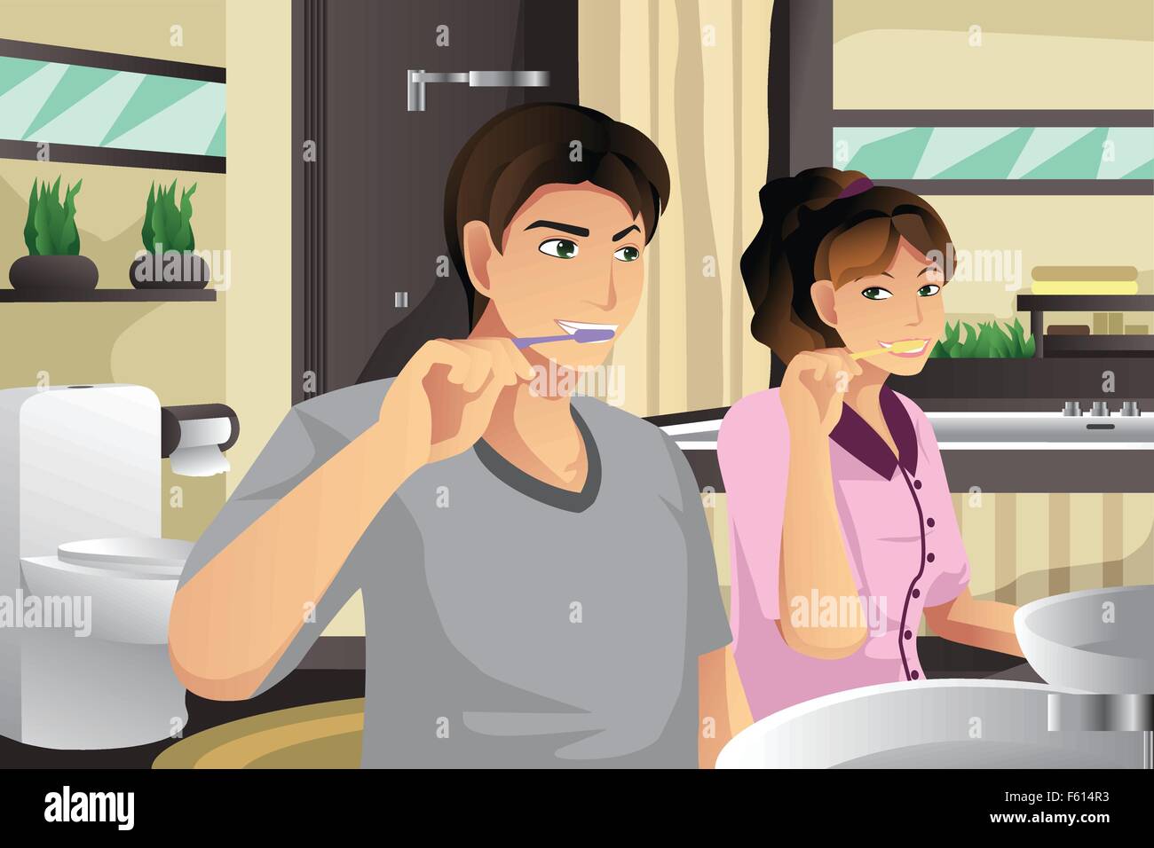 A vector illustration of couple brushing their teeth together in a bathroom Stock Vector