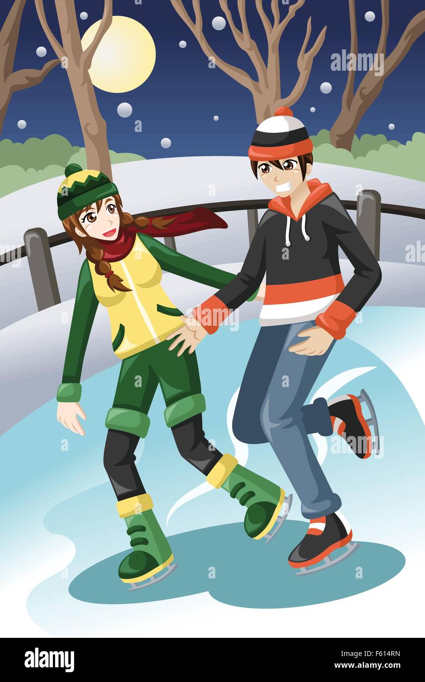 A vector illustration of happy young couple ice skating outdoor Stock Vector