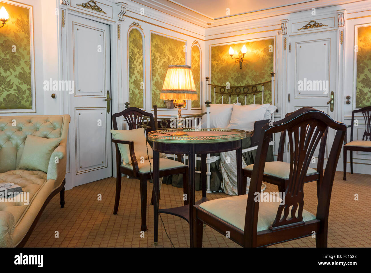 Reconstruction of first class cabin aboard the Titanic, Cité de la Mer, maritime museum in Cherbourg, Normandy, France Stock Photo