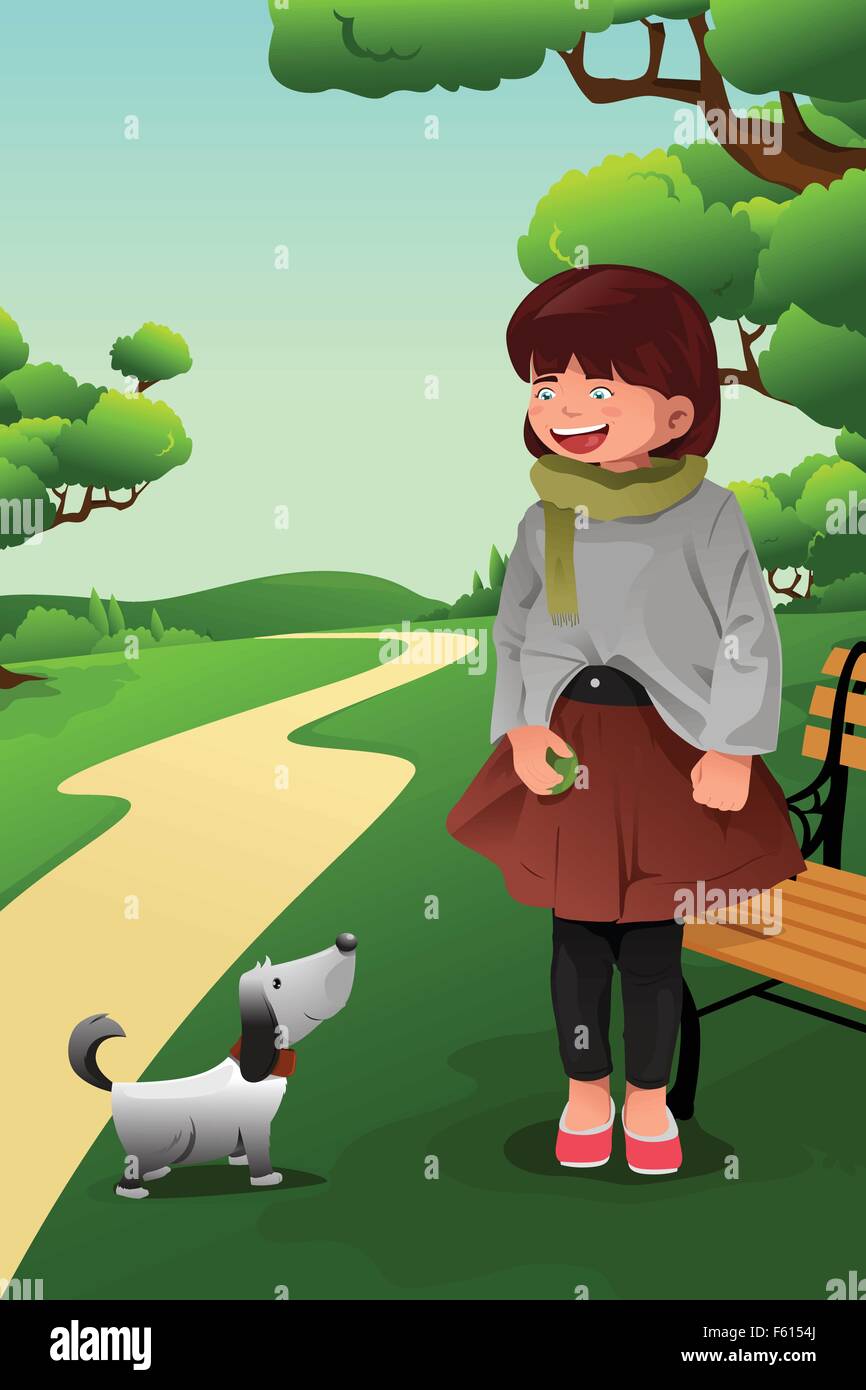 A vector illustration of cute girl playing with her dog in the park ...