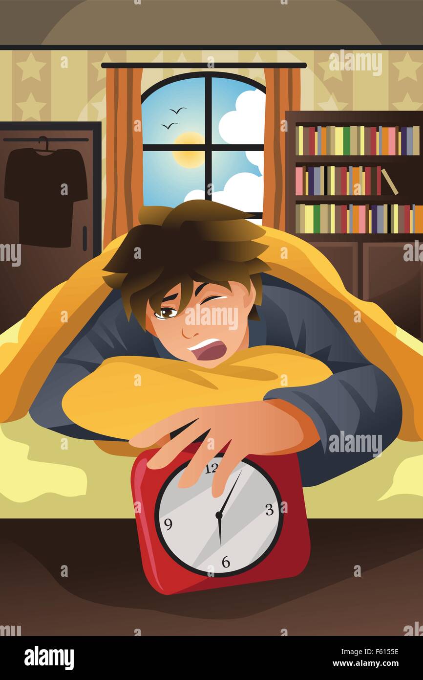 A vector illustration of sleeping man turning off alarm Stock Vector