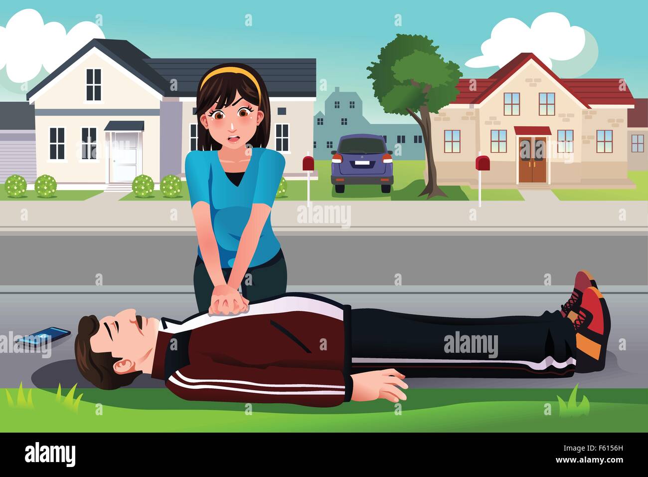A vector illustration of teenager giving a CPR to a middle aged man on the street Stock Vector