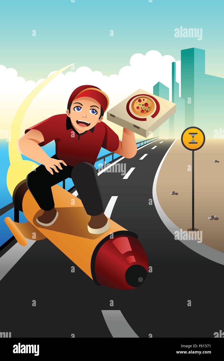 A vector illustration of pizza delivery guy using small rocket to deliver the pizza Stock Vector