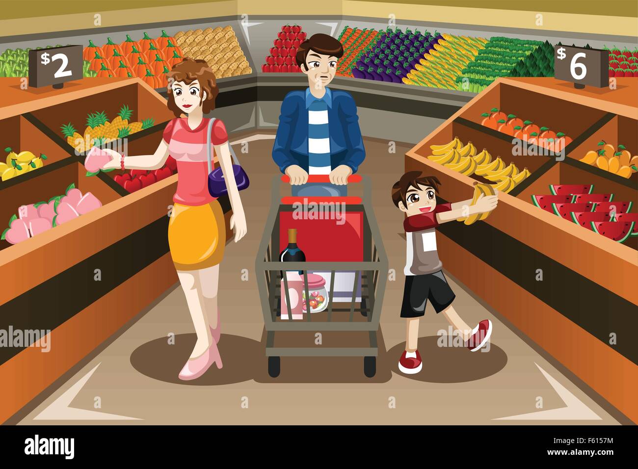 A vector illustration of happy family shopping fruits in a Stock Vector