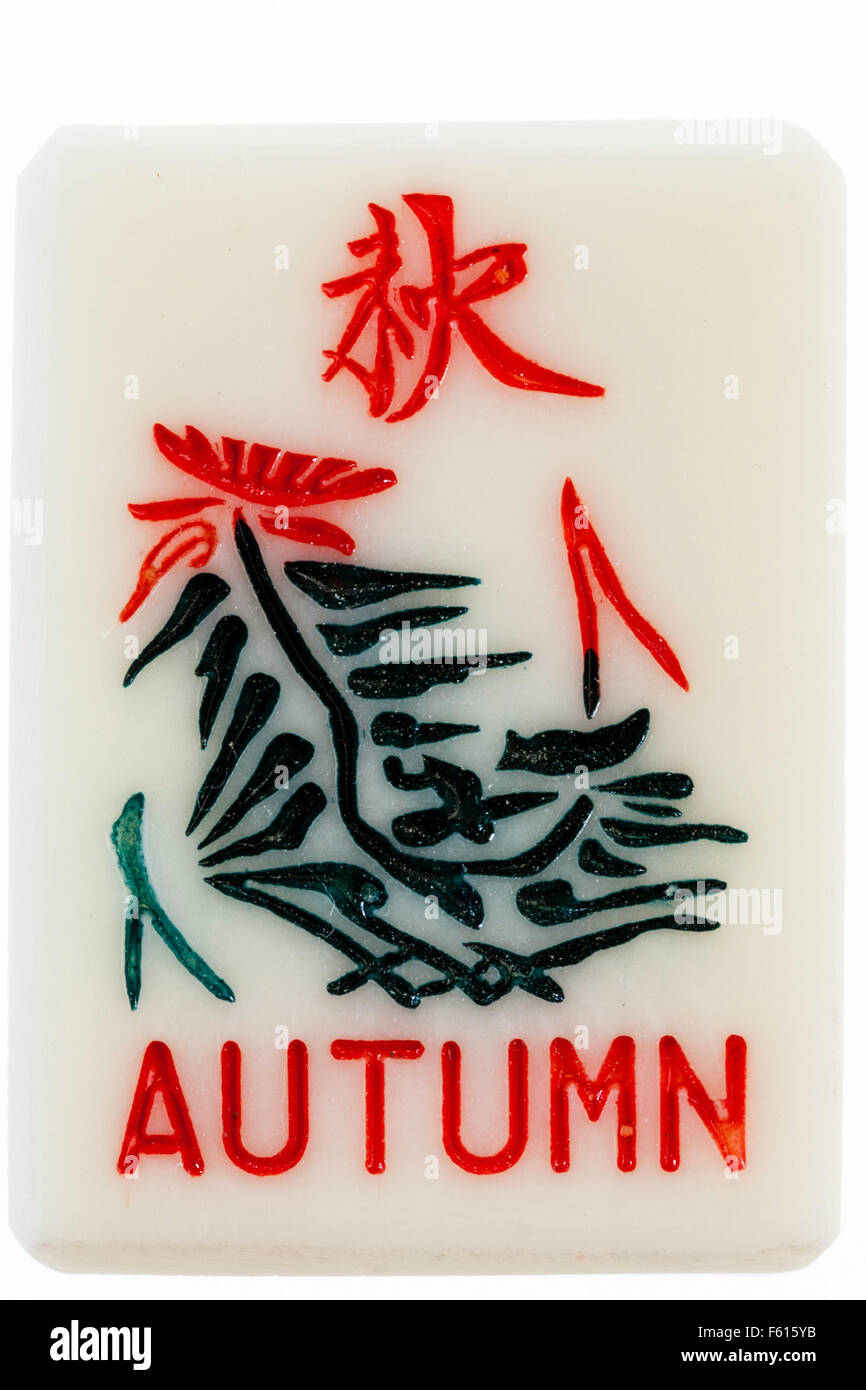 MahJong bonus card, tile from the Chinese gambling game, part of the four seasons set, autumn tile. Stock Photo