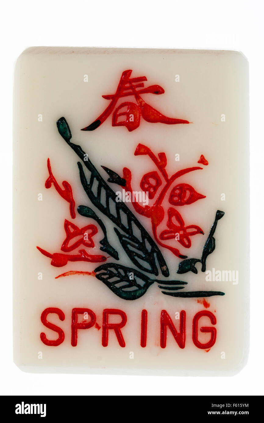 MahJong bonus card, tile from the Chinese gambling game, part of the four seasons set, spring tile. Stock Photo