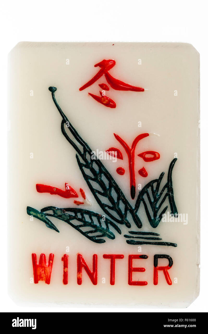 MahJong bonus card, tile from the Chinese gambling game, part of the four seasons set, winter tile. Stock Photo