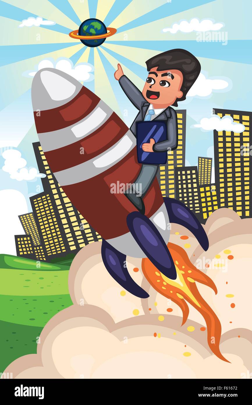 A vector illustration of businessman riding a rocket for business growth concept Stock Vector