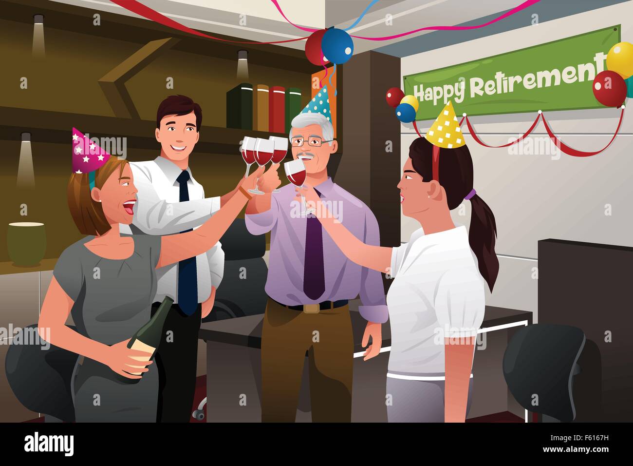 A vector illustration of employees in the office celebrating a happy retirement party of a coworker Stock Vector