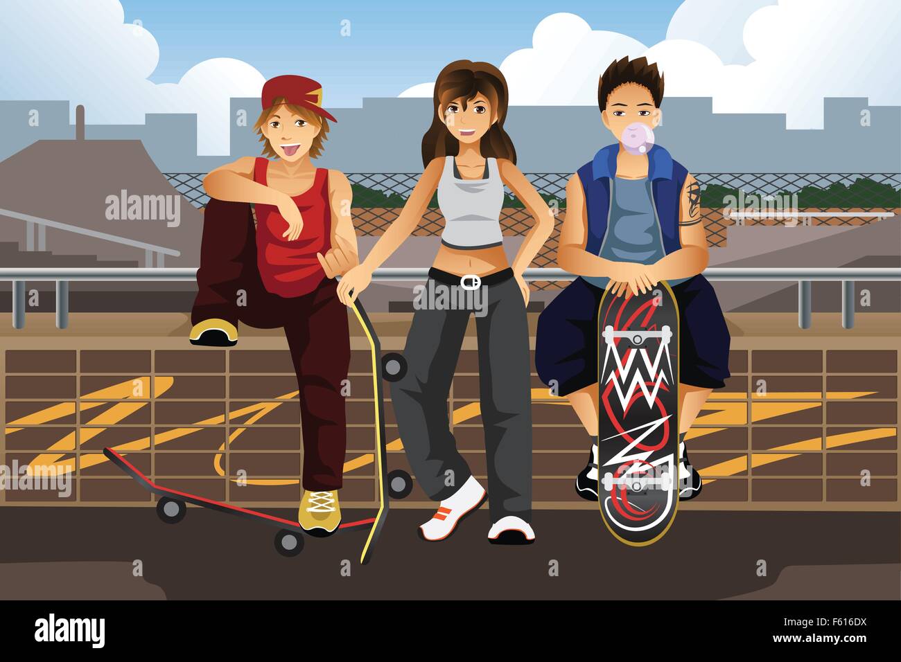 A vector illustration of young people hanging out outside with skateboard Stock Vector