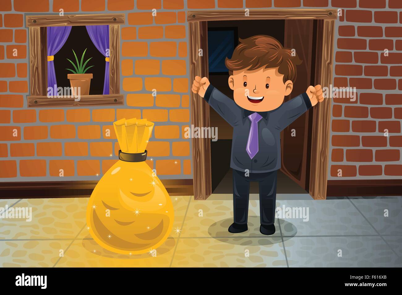 A vector illustration of happy man finding a bag of money in front his house Stock Vector