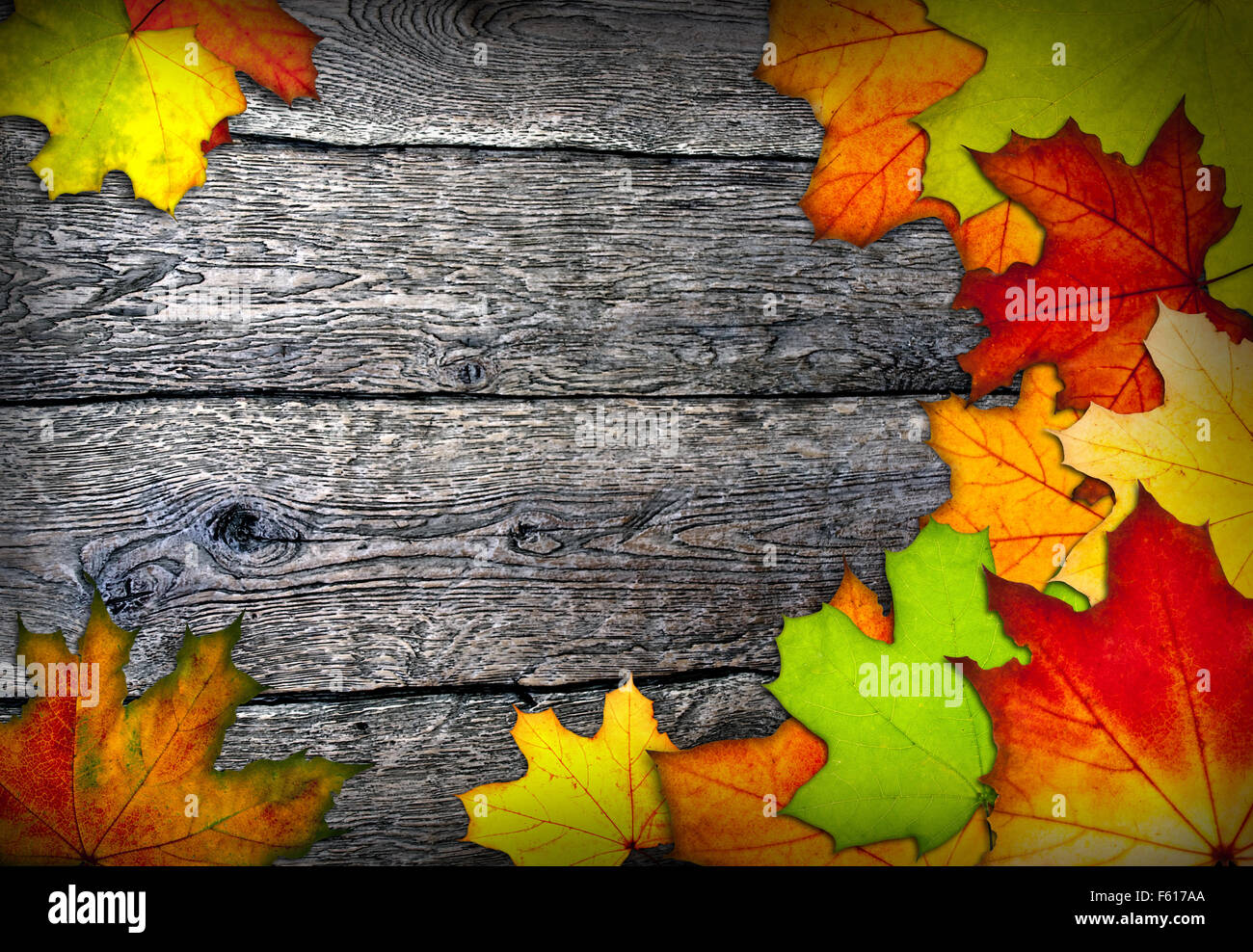 Frame of colorful autumn leaves on old weathered wood Stock Photo - Alamy