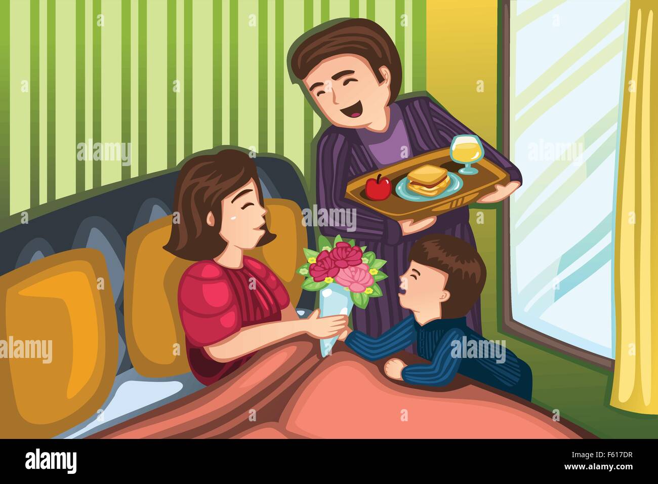 A vector illustration of father and son serving breakfast in bed for