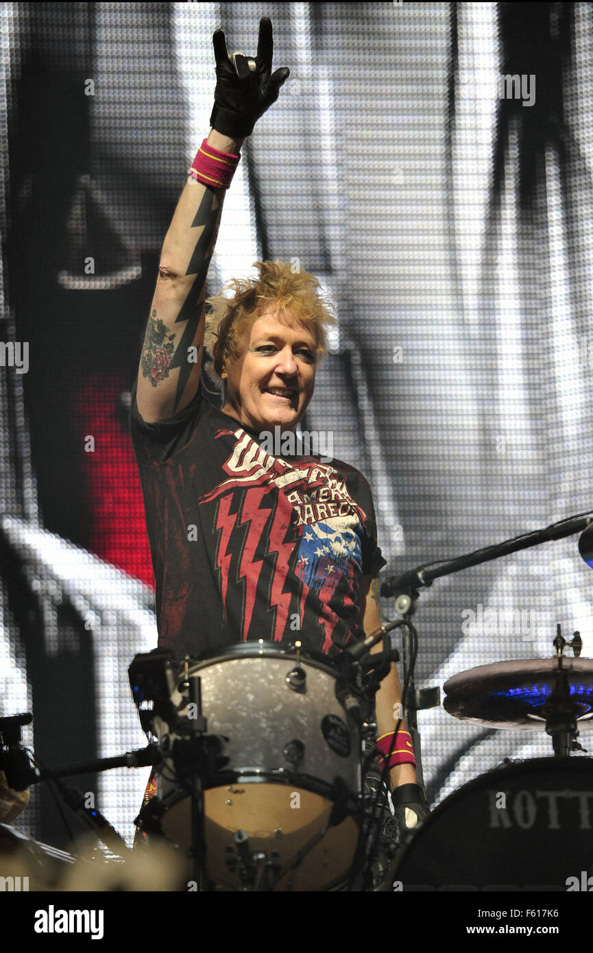 The Scorpions performing live in concert on their 50th anniversary tour.  Featuring: James Kottak Where: Rosemont, Illinois, United States When: 27 Sep 2015 Stock Photo