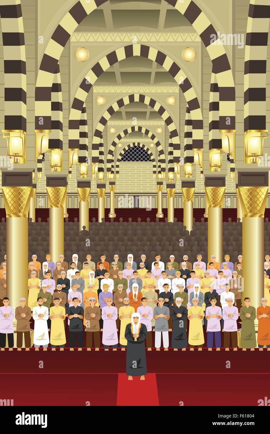 A vector illustration of Muslims praying together in a mosque Stock Vector