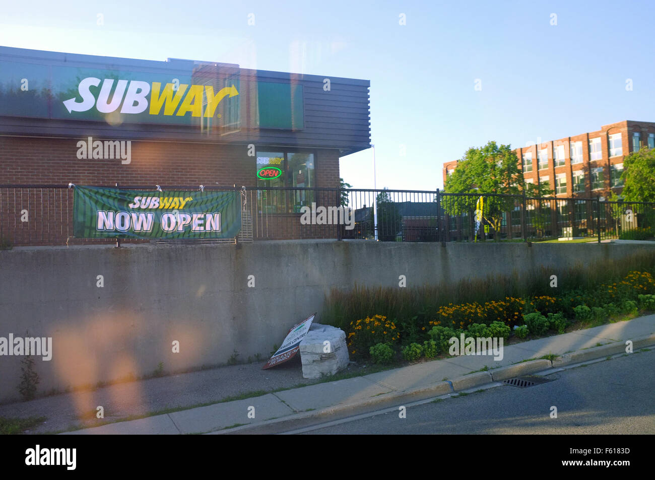 A Subway fast food shop open alongside a road in Ontario, Canada Stock