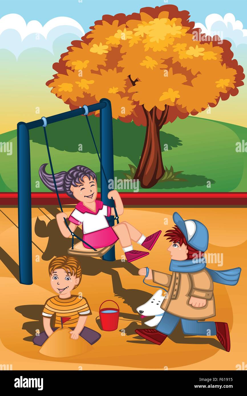 A vector illustration of happy kids playing in the playground Stock ...