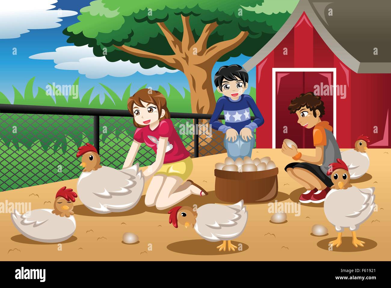 A vector illustration of children collecting eggs from the farm Stock Vector