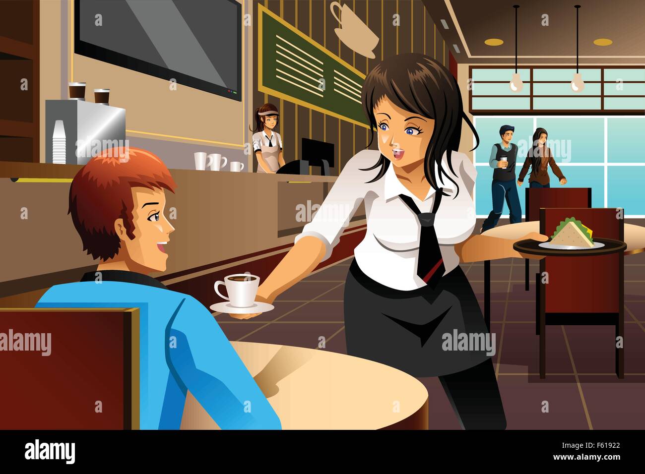 A vector illustration of a waitress in a restaurant serving customers Stock Vector