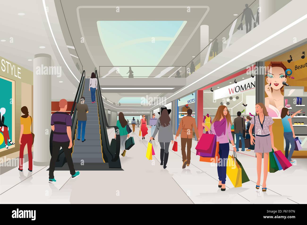 A vector illustration of people shopping in a mall Stock Vector Image ...