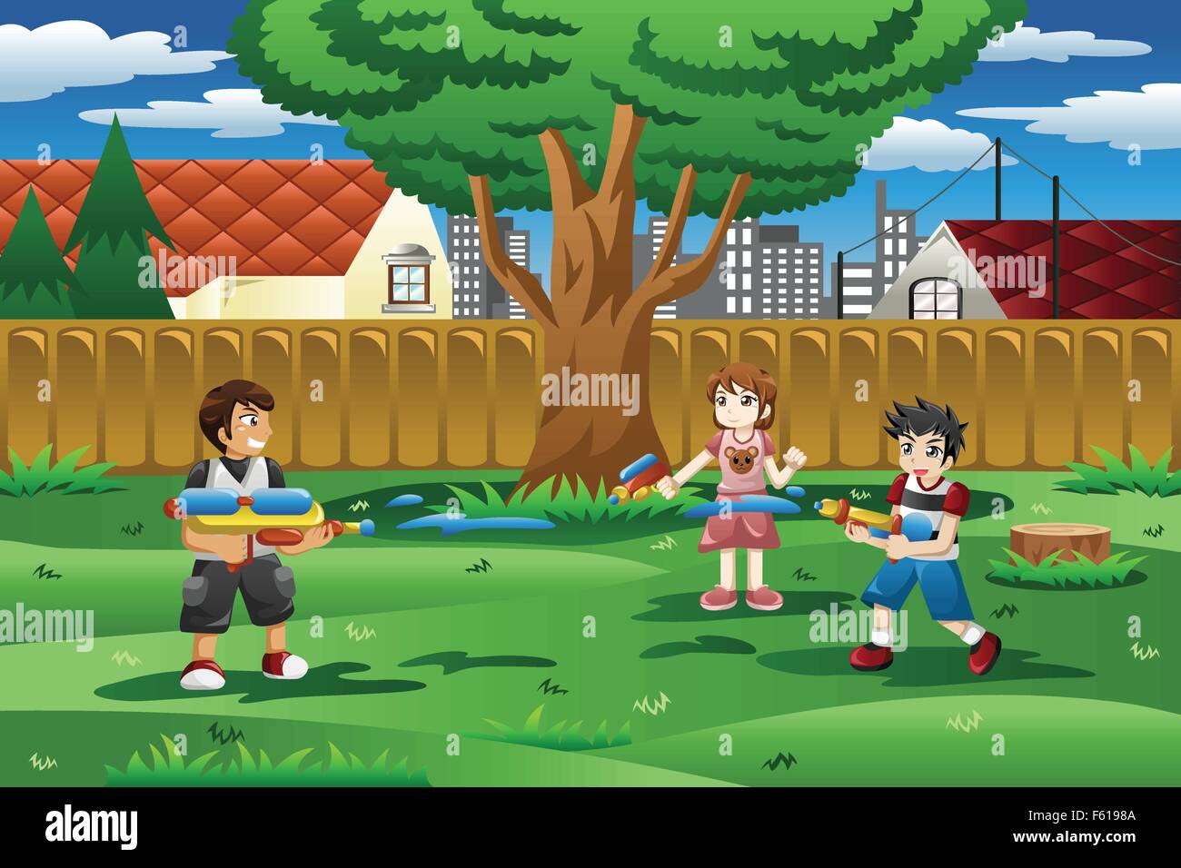 A Vector Illustration Of Happy Kids Playing With Water Gun In The