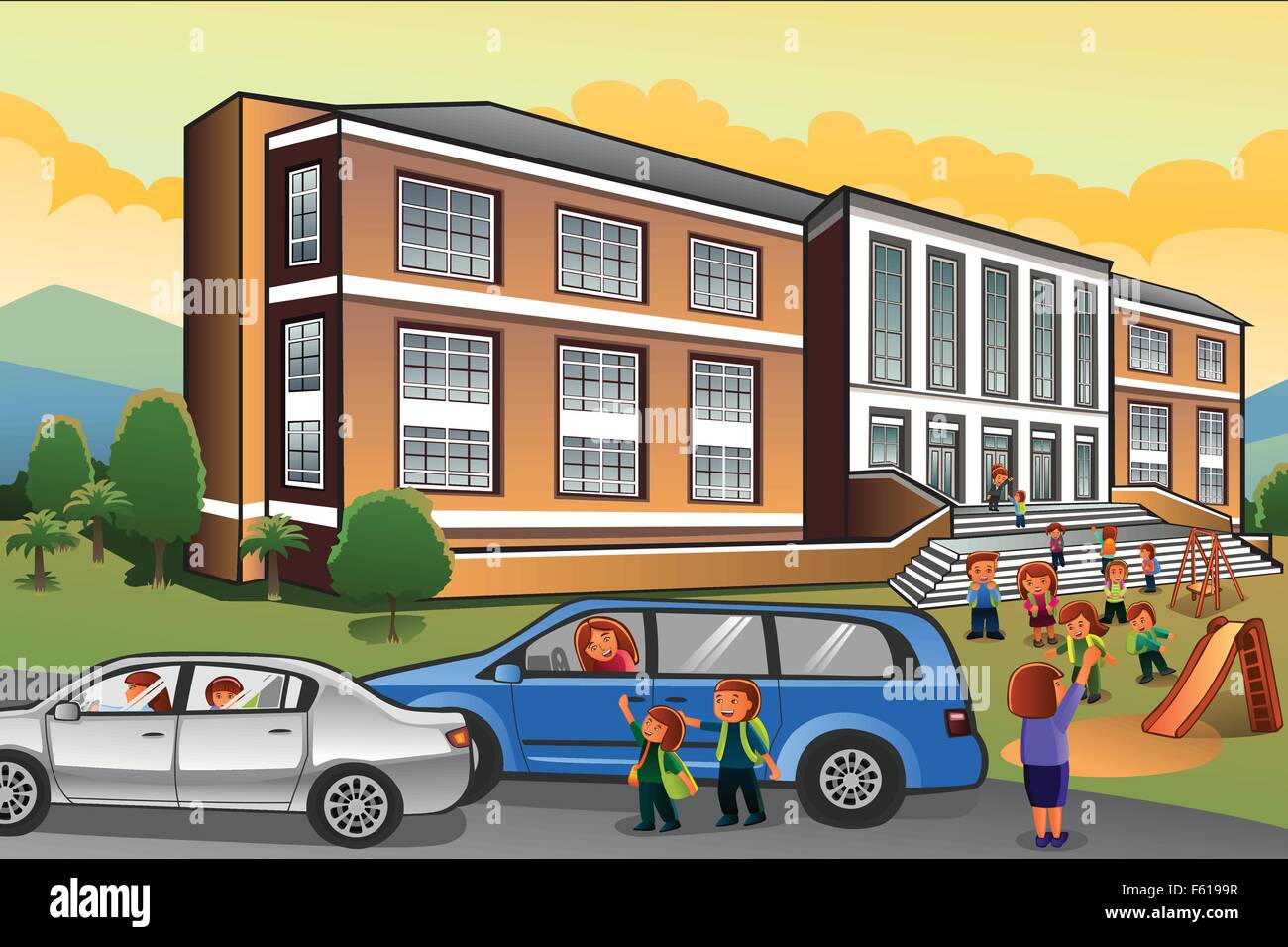A vector illustration of parents picking up kids from school Stock ...