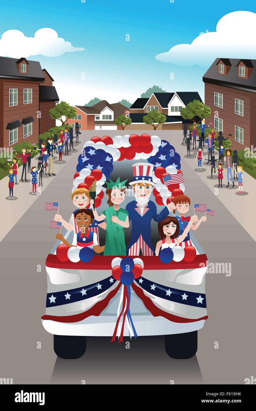 A vector illustration of kids in a parade celebrating Fourth of July Stock Vector