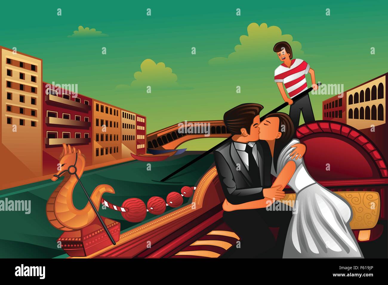 A vector illustration of romantic young couple kissing on boat Stock Vector