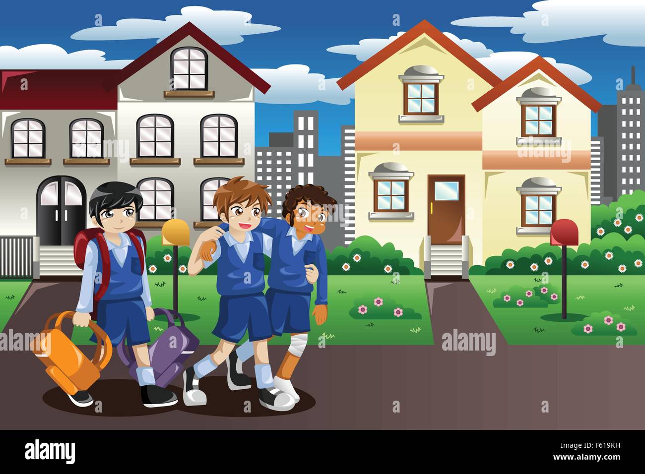 A vector illustration of injured kid walking home from school and his friends help him carrying his books and bag Stock Vector