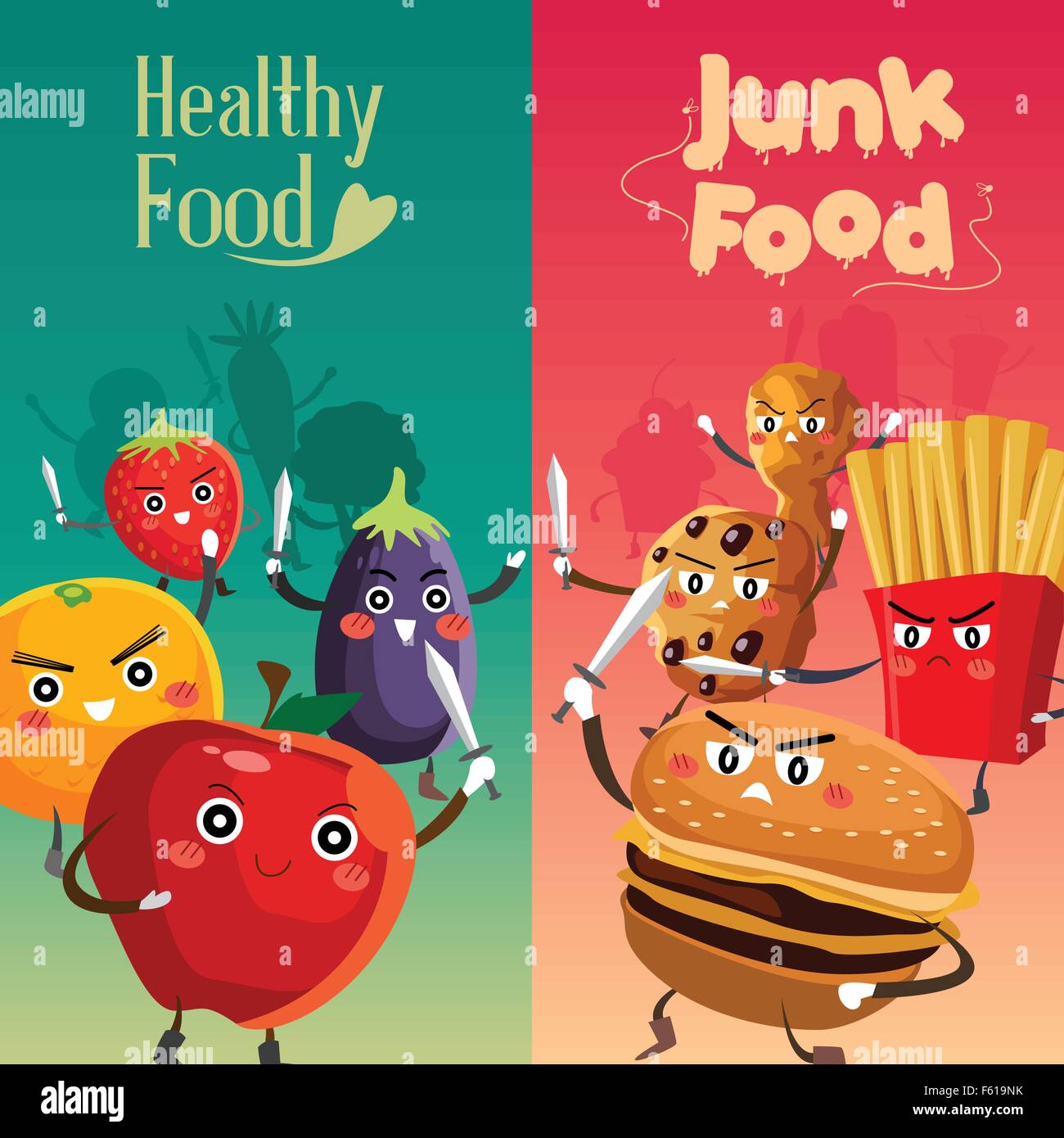 A vector illustration of healthy food versus unhealthy food Stock