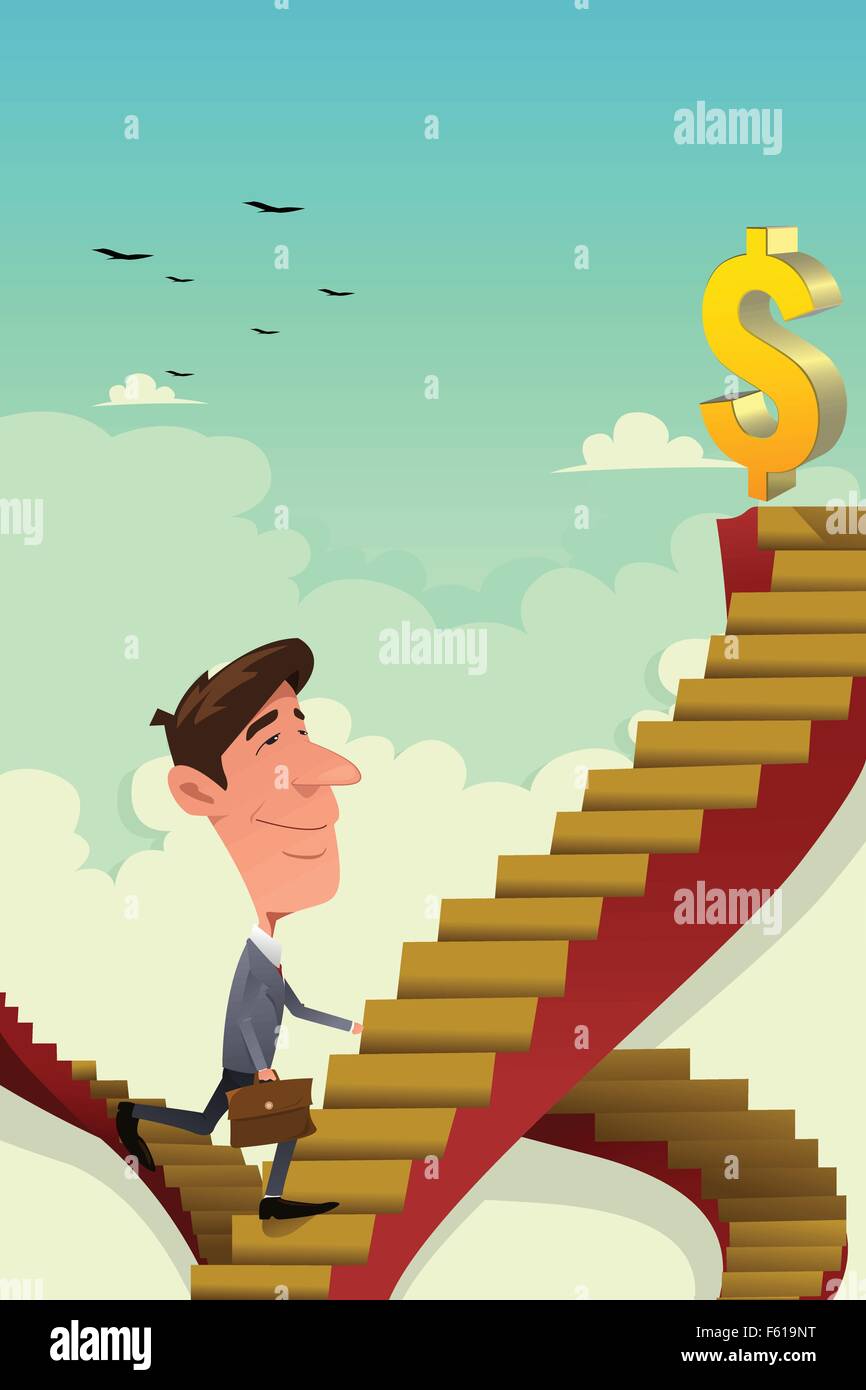 A vector illustration of businessman going up on a career ladder Stock Vector