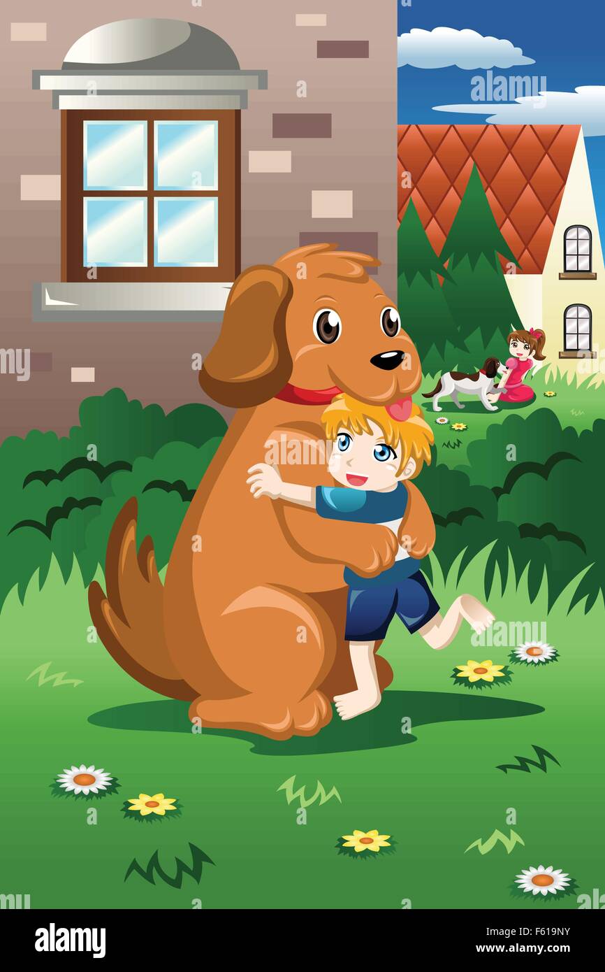 A vector illustration of happy kids playing with their dogs in the ...