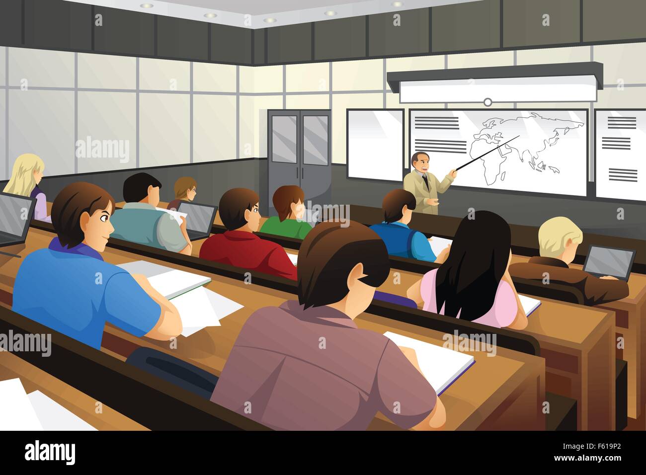 A vector illustration of college students in class with professor