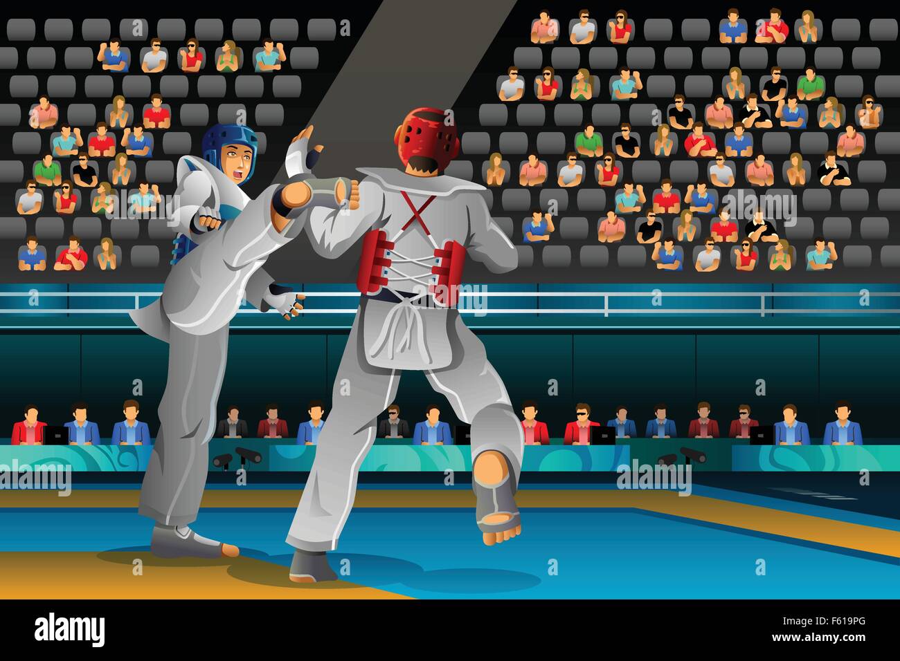 Taekwondo Fight. A hand drawn vector cartoon illustration of 2 guys fighting.  Stock Vector