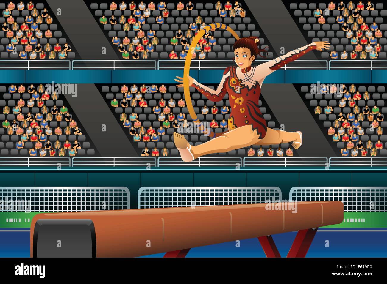 A vector illustration of young girl doing gymnastic with hoop in the ...